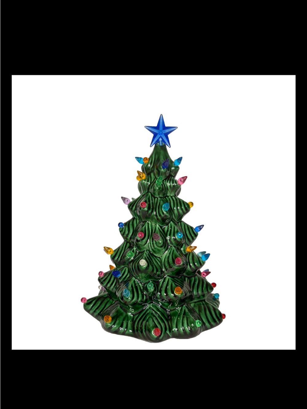 Vintage Green Ceramic Christmas Tree Multicolor Lights Blue Star 10” No Base